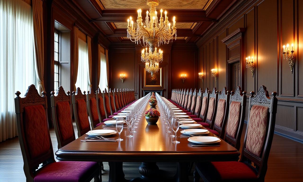 Magnifik matsal med stort renässansbord och handutskurna stolar