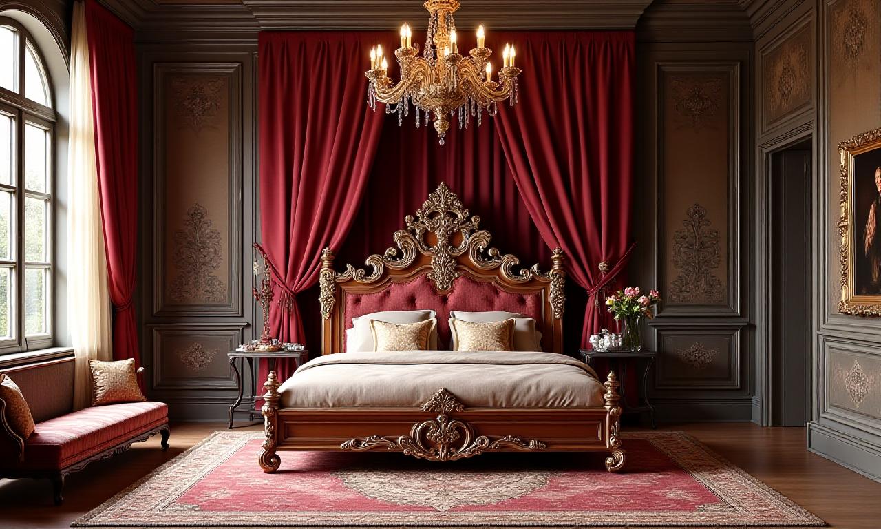 Elegant sovrumsinredning i barockstil med handgjorda möbler