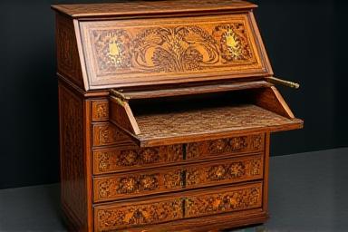 Antik sekretär med intarsiaarbeten