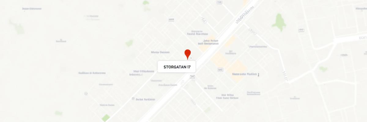 Karta som visar Svensk Barocks kontor på Storgatan 17, Stockholm Sverige.