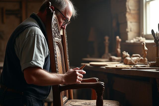 Hantverkare arbetar med detaljer på en barockstol i en träverkstad.