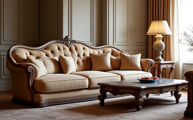 Interiörprojekt med renässansinspirerade möbler, med fokus på ett vardagsrum med en utsmyckad soffa och kaffebord.