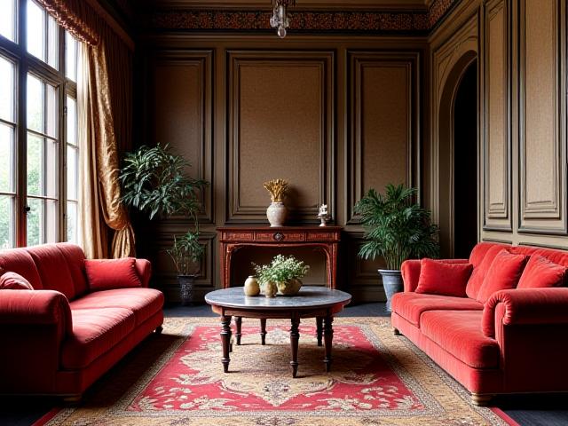 Elegant inredd salong i renässansstil, med en gruppmöbel och noggrant utvalda detaljer