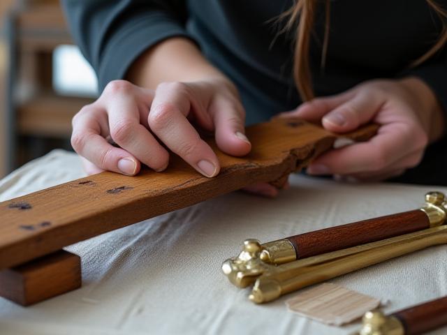 En hantverkare som varsamt restaurerar en gammal trästol med traditionella verktyg och tidstypiska metoder