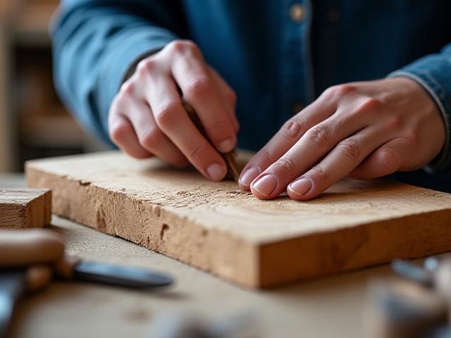 Detaljbild av en handgjord renässansinspirerad möbel under tillverkning, med snidningsverktyg och skickliga händer